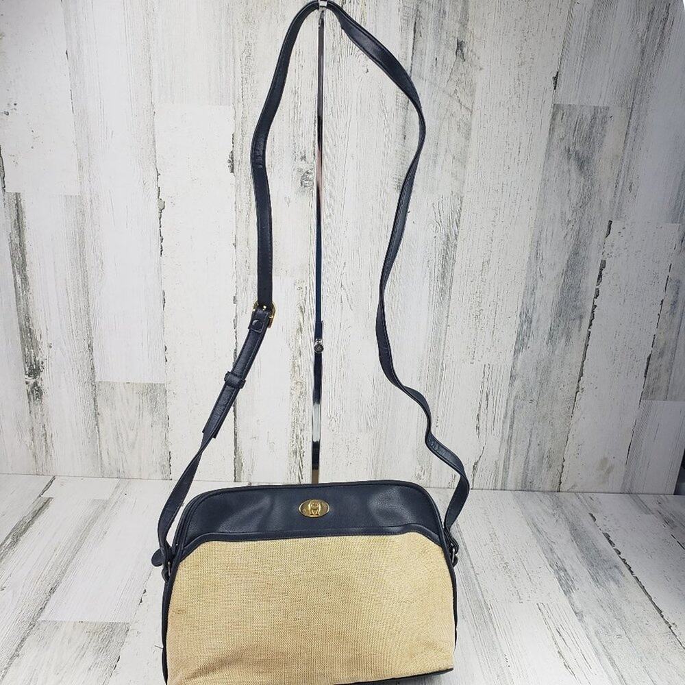 Etienne Aigner Beige Canvas Navy Blue Faux Leather Shoulder Purse Women's Bag